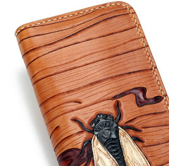 Handmade Leather Mens Clutch Wallet Cool Cicada Tooled Wallet Long Zipper Wallets for Men