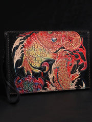 Black Handmade Tooled Leather Carp Toad Clutch Wallet Wristlet Bag Clutch Purse For Men - iwalletsmen