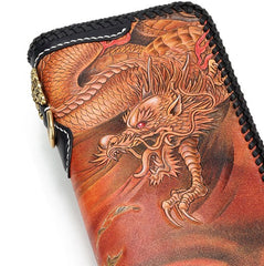 Handmade Leather Tooled Chinese Dragon Tiger Mens Chain Biker Wallet Cool Leather Wallet Long Clutch Wallets for Men