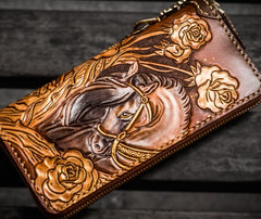 Handmade Leather Tooled Horse Mens Chain Biker Wallet Cool Leather Wallet Long Phone Wallets for Men