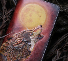 Handmade Leather Mens Clutch Wallet Cool Wolf Tooled Wallet Long Zipper Wallets for Men