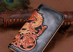 Handmade Leather Mens Clutch Wallet Cool Chinese Dragon Tooled Wallet Long Zipper Wallets for Men