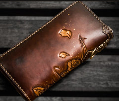 Handmade Leather Tooled Horse Mens Chain Biker Wallet Cool Leather Wallet Long Phone Wallets for Men