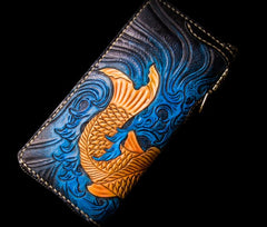 Handmade Leather Men Tooled Carp Cool Leather Wallet Long Phone Wallets for Men