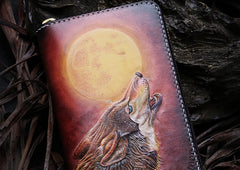 Handmade Leather Mens Clutch Wallet Cool Wolf Tooled Wallet Long Zipper Wallets for Men