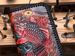 Handmade Leather Mens Clutch Wallet Cool Carp Tooled Wallet Long Zipper Wallets for Men