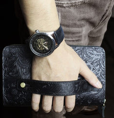 Handmade Leather Floral Tooled Mens Clutch Cool Slim Wallet Zipper Clutch Wristlet Wallet for Men