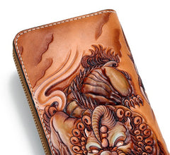 Handmade Leather Tooled Chinese Dragon Tiger Mens Chain Biker Wallet Cool Leather Wallet Zipper Long Phone Wallets for Men