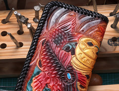 Handmade Leather Mens Clutch Wallet Cool Carp Tooled Wallet Long Zipper Wallets for Men