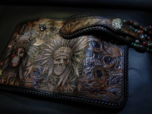 Badass Black Leather Men's Indian Chief Skull Biker Wallet Handmade To ...