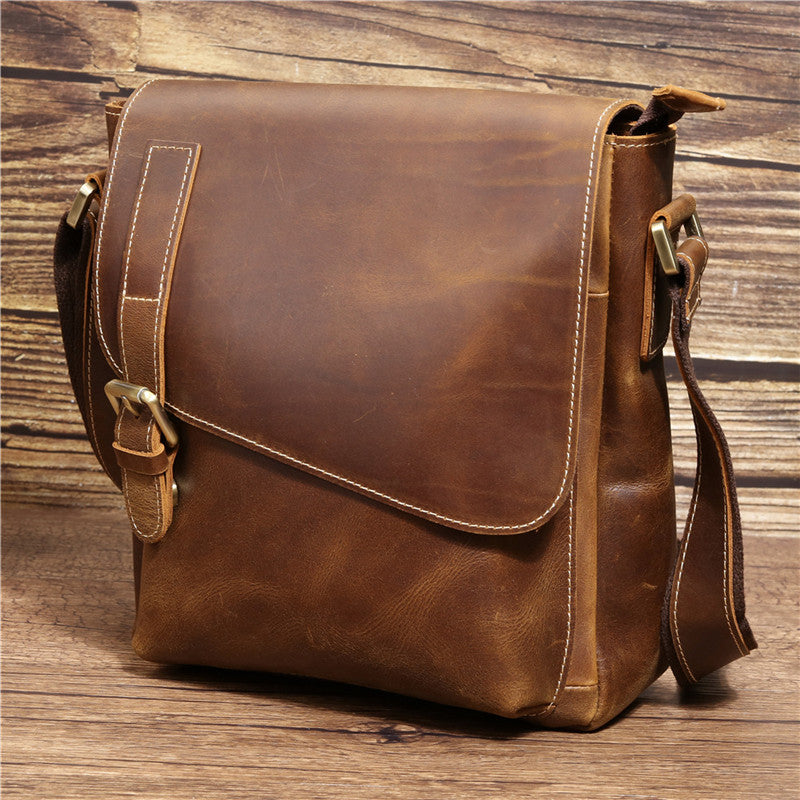 Best Brown Leather Men's Vertical Side Bag 10 inches Vertical iPad Messenger Bag For Men