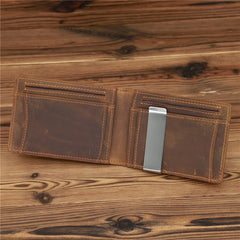 Bifold Coffee Leather Mens Slim Wallet Front Pocket Wallet billfold Wallet With Money Clip for Men