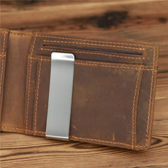 Bifold Coffee Leather Mens Slim Wallet Front Pocket Wallet billfold Wallet With Money Clip for Men