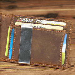 Bifold Coffee Leather Mens Slim Wallet Front Pocket Wallet billfold Wallet With Money Clip for Men