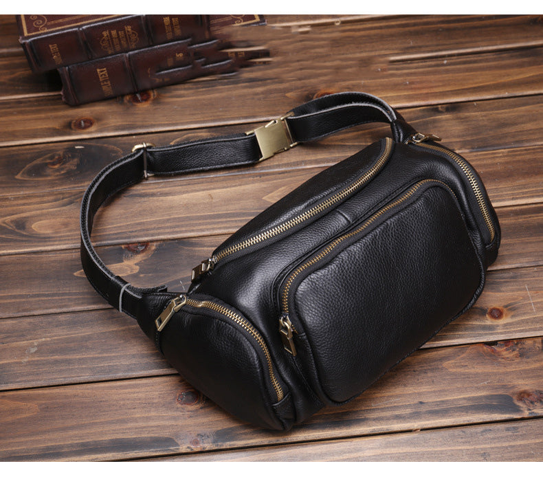 Black Large Capacity Leather Mens Fanny Packs Barrel Bum Bags Cool Wai ...