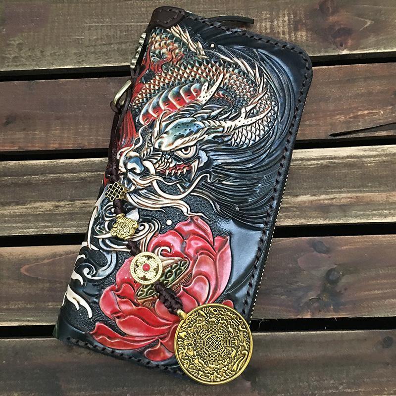 Handmade Leather Tooled Long Chinese Dragon Mens Chain Biker Wallet Co