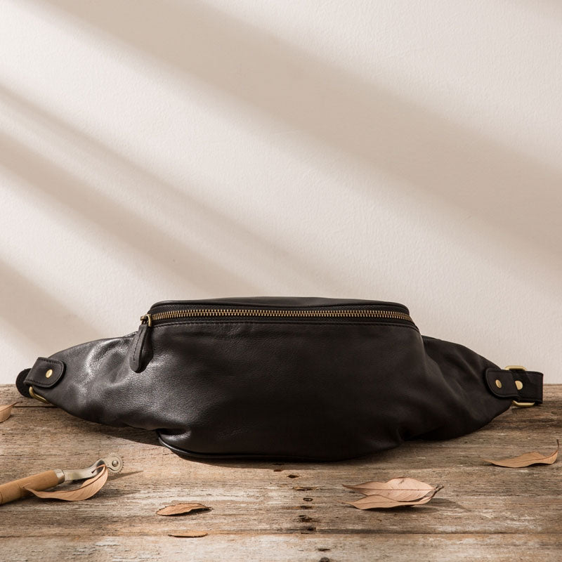 Slim Leather Black Fanny Pack Men's Black Chest Bag Hip Bag Small Wais –  iwalletsmen