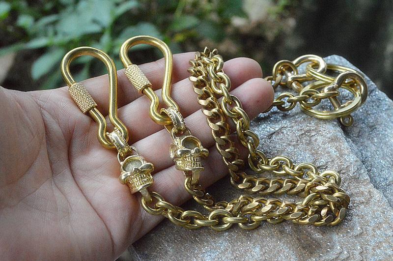 Cool Men's Pure Gold Brass Skull 18'' Key Chain Pants Chains Biker Wal