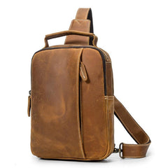 Best Brown Distressed LEATHER MENS Sling Bag One Shoulder Backpack Top Chest Bag For Men - iwalletsmen