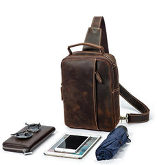 Best Brown Distressed LEATHER MENS Sling Bag One Shoulder Backpack Top Chest Bag For Men - iwalletsmen