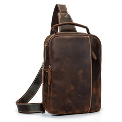 Best Brown Distressed LEATHER MENS Sling Bag One Shoulder Backpack Top Chest Bag For Men - iwalletsmen