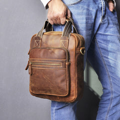 Vintage Brown Leather Mens Vertical Work Bag Handbag Vertical Briefcase Shoulder Bag For Men - iwalletsmen