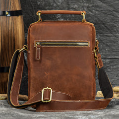 Brown Leather Mens Vertical Messenger Bag iPad Side Bag Small Courier Bag For Men