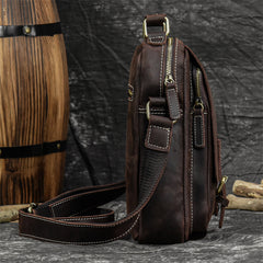 Brown Leather Mens Vertical Messenger Bag iPad Side Bag Small Courier Bag For Men