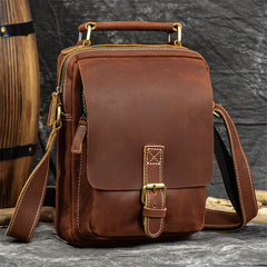 Brown Leather Mens Vertical Messenger Bag iPad Side Bag Small Courier Bag For Men