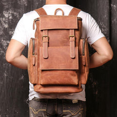 Brown Mens Leather 15 inches Large School Laptop Backpack Brown Travel Backpacks for Men - iwalletsmen