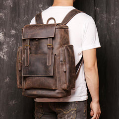 Brown Mens Leather 15 inches Large School Laptop Backpack Brown Travel Backpacks for Men - iwalletsmen