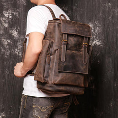 Brown Mens Leather 15 inches Large School Laptop Backpack Brown Travel Backpacks for Men - iwalletsmen