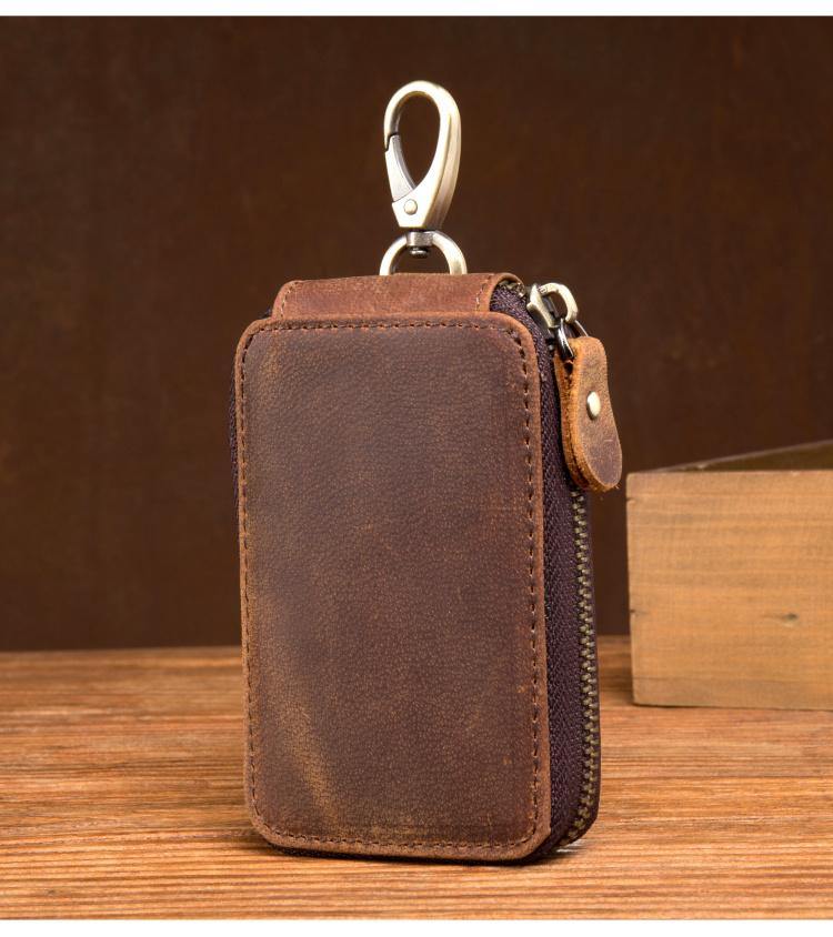 Brown Leather Mens Small Car Key Wallet Brown Key Holder Coin Purse Br