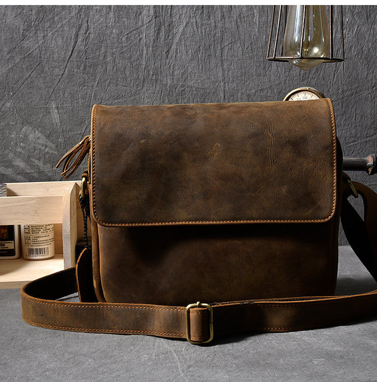 Vintage Leather Mens 8' Brown Saddle Side Bag Messenger Bag Small Post –  iwalletsmen