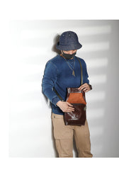 Casual Black Leather Mens Vertical Side Bag Messenger Bag Cool Brown Postman Bag Courier Bag for Men - iwalletsmen