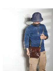 Casual Black Leather Mens Vertical Side Bag Messenger Bag Cool Brown Postman Bag Courier Bag for Men - iwalletsmen