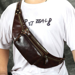 Coffee Leather Fanny Pack Men's Coffee Chest Bag Hip Bag Phone Waist Bag For Men