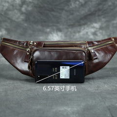 Coffee Leather Fanny Pack Men's Coffee Chest Bag Hip Bag Phone Waist Bag For Men