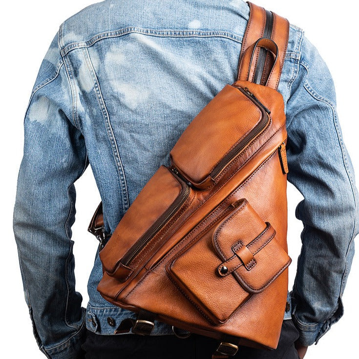 Men s Brown Leather Sling Bag Large Convertible Cool Backpacks Sling C iwalletsmen