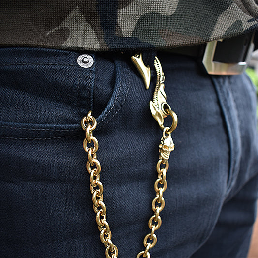 Cool Men's Pure Gold Brass Skull 18'' Key Chain Pants Chains Biker