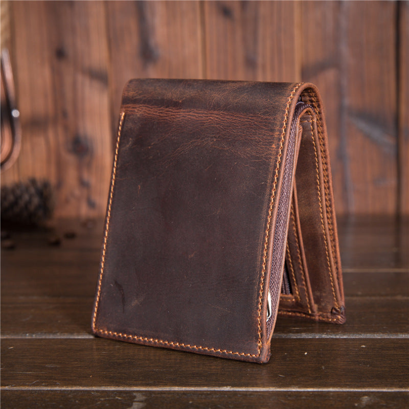 Trifold Genuine Leather Wallet Men Handmade Crazy Horse Leather Purse Men's  Short Vintage Wallet with Coin Pocket