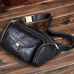 Black Leather Mens Fanny Packs Barrel Large Capacity Bum Bags Cool Waist Bag for Men