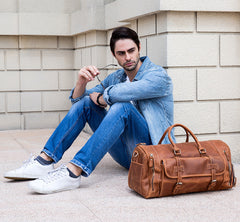 Cool Brown Leather Men's Overnight Bag Travel Bag Luggage Weekender Bag For Men - iwalletsmen