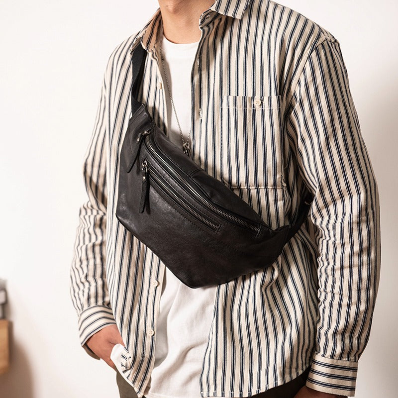 Leather Fanny Pack Men's Black Chest Bag Hip Pack Ipad Black Mini Waist Bag For Men