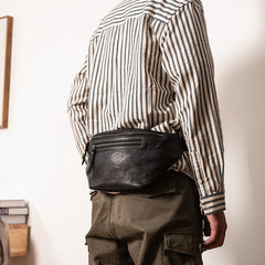 Leather Fanny Pack Men's Black Chest Bag Hip Pack Ipad Black Mini Waist Bag For Men