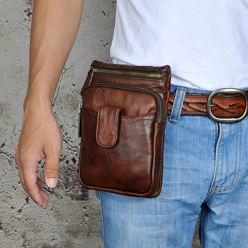 Brown Mens Leather Small Belt Pouch Mens Waist Bag Side Bag Mini Messe