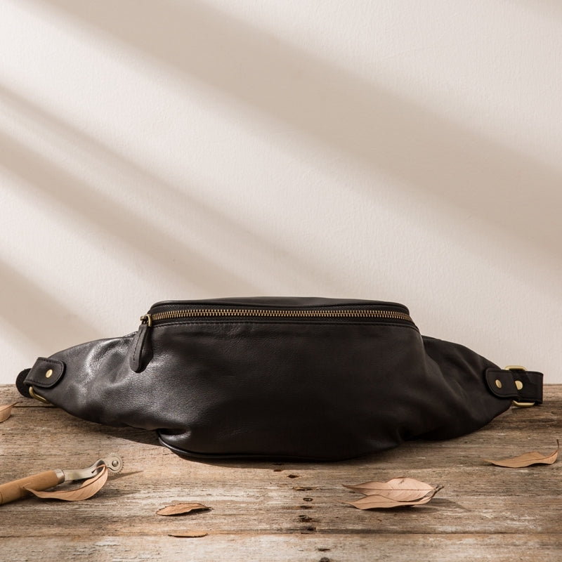 Leather Mens Fanny Pack Black Mens Waist Bag Hip Pack Belt Bag For