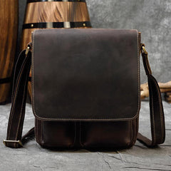 Small Brown Leather Messenger Bag Men's Vertical Side Bag Vertical HandBag Courier Bag For Men - iwalletsmen