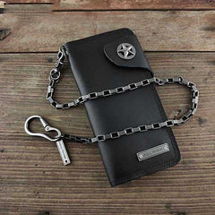 Badass Black Leather Men's Punk Star Long Biker Chain Wallet Long Wallet Chain For Men - iwalletsmen