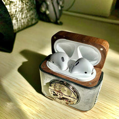 Leather Wood AirPods 1,2 Case with Silver Watch Movement Handmade Custom Leather AirPods 1,2 Case Airpod Case Cover - iwalletsmen